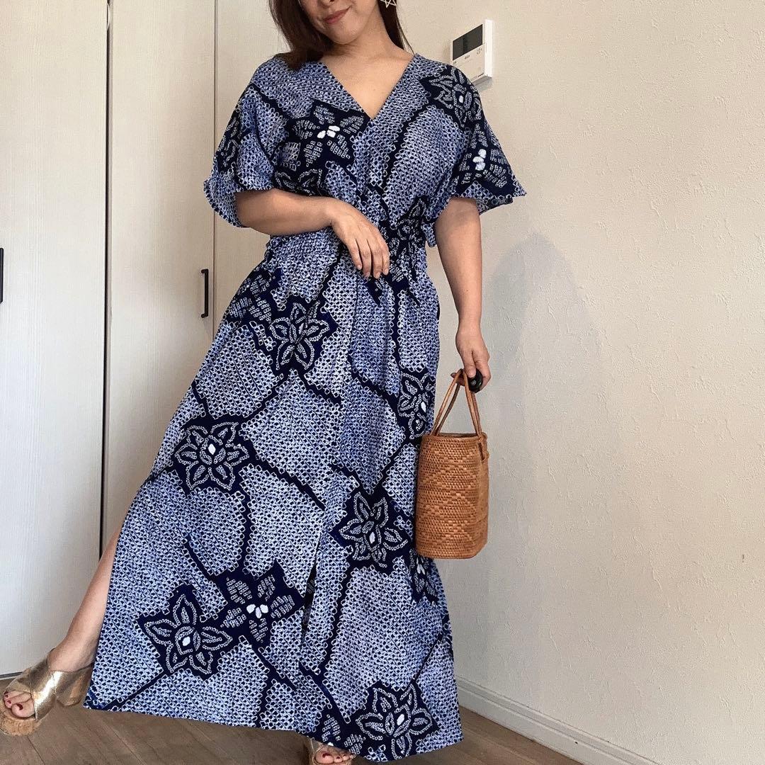 一点物　浴衣　有松絞り　ワンピース ハンドメイド　マキシ　シンプル　単色