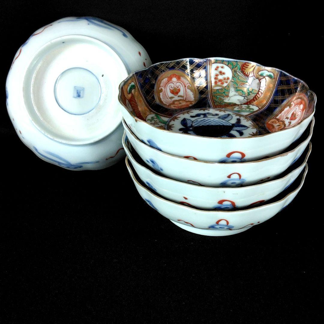 明治～大正 古伊万里 絢爛豪華 金襴手 二重角冨紋 膾皿 5客揃 角富 なます皿