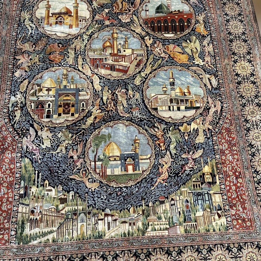 ペルシャ絨毯　宗教的建物細密刺繍ラグ 超美品2100 X1435mm