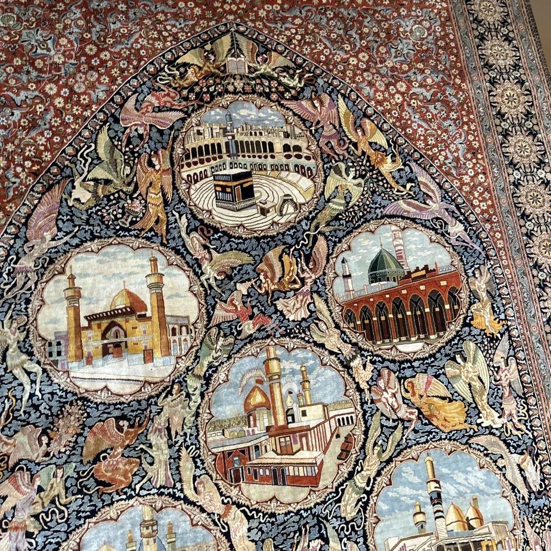 ペルシャ絨毯　宗教的建物細密刺繍ラグ 超美品2100 X1435mm