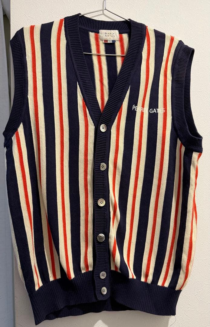 美品 パーリーゲイツ ニットベスト M 4 ゴルフウェア ストライプ ネイビー