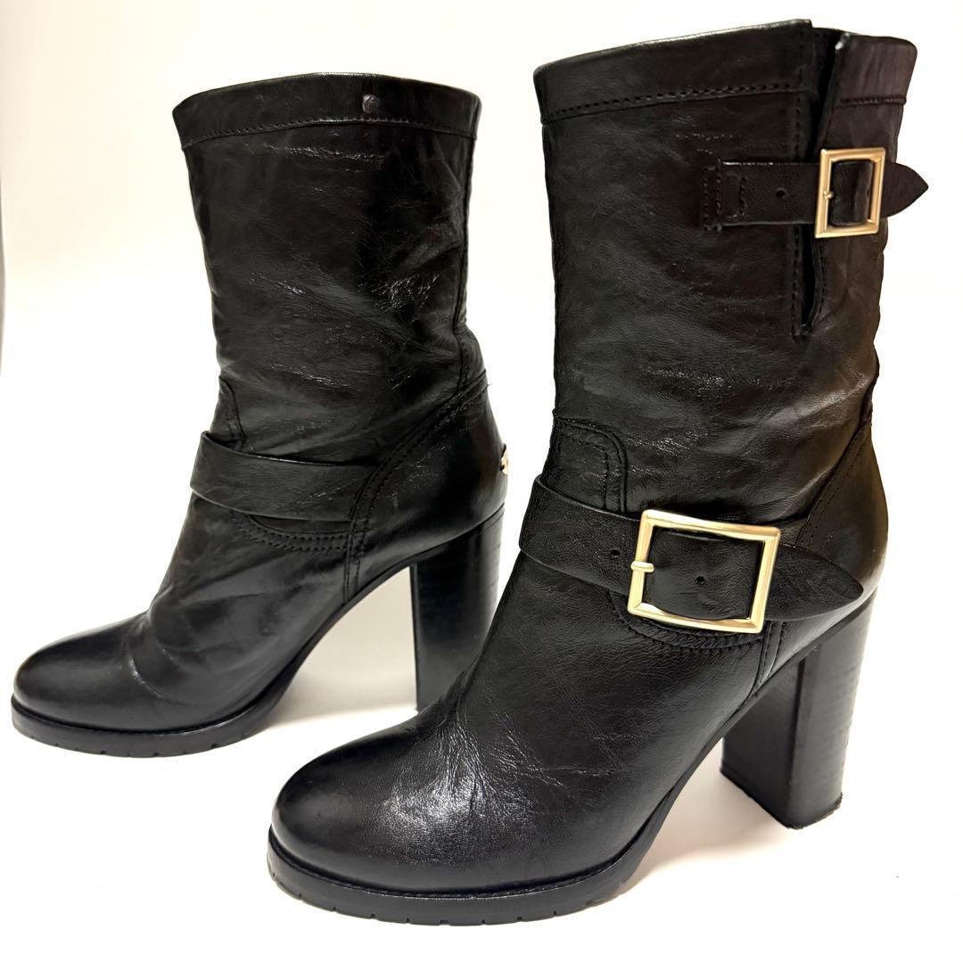 ジミーチュウ エンジニアブーツ サイズ38 1/2 サイドベルト ゴールド金具