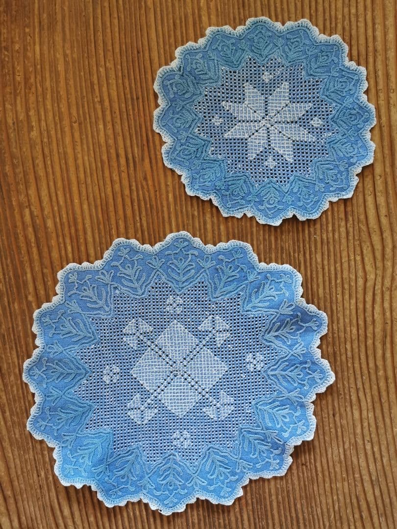 アンティークイタリア インディゴ染 ブラッドレーススカラップドイリー ３枚セット