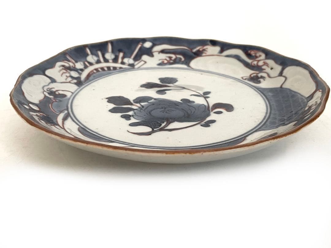 骨董　アンティーク　藍九谷　古九谷金銀彩　輪花　七寸皿　牡丹　蛇籠　水車