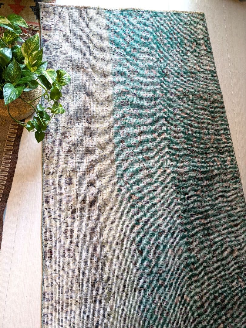 81×169 エメラルドブルー　トルコヴィンテージラグ