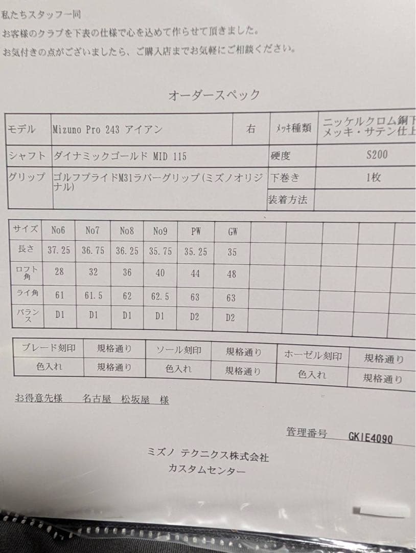 【ミズノプロ】243 アイアン6本セット　 スペシャルオーダー品