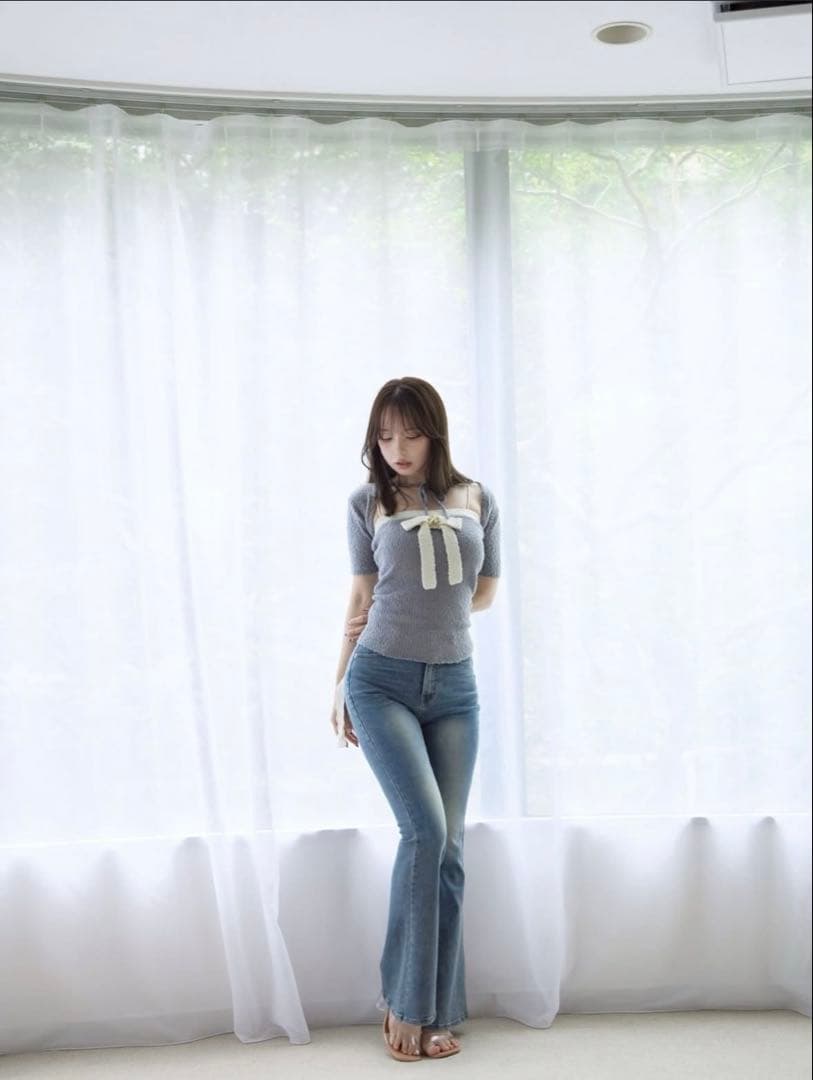 トップス andmary Bicolor ribbon tops color white