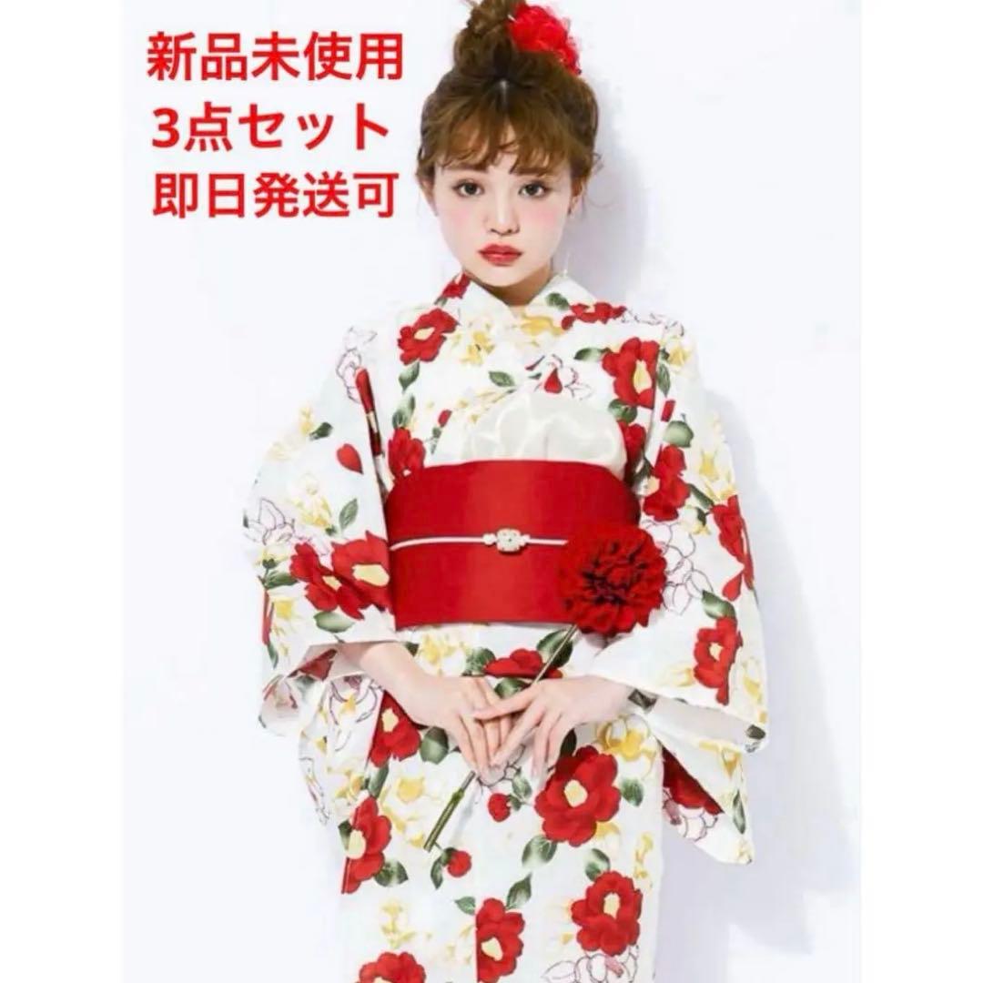 【新品未使用】GRL 椿柄 浴衣 作り帯 下駄 3点セット！