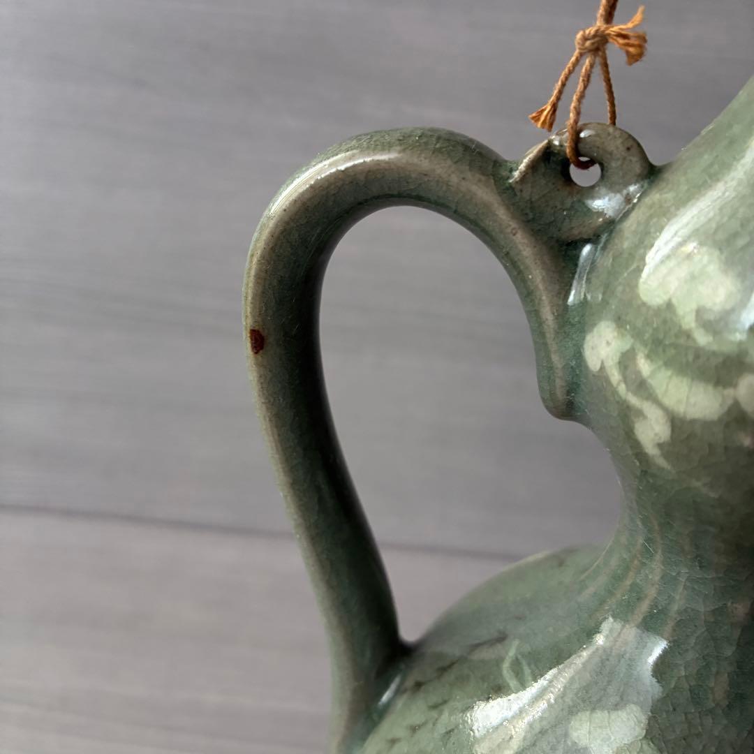 青磁象嵌瓢形水柱　水差し 徳利　壺　梅　鶴　茶道具　雲鶴文