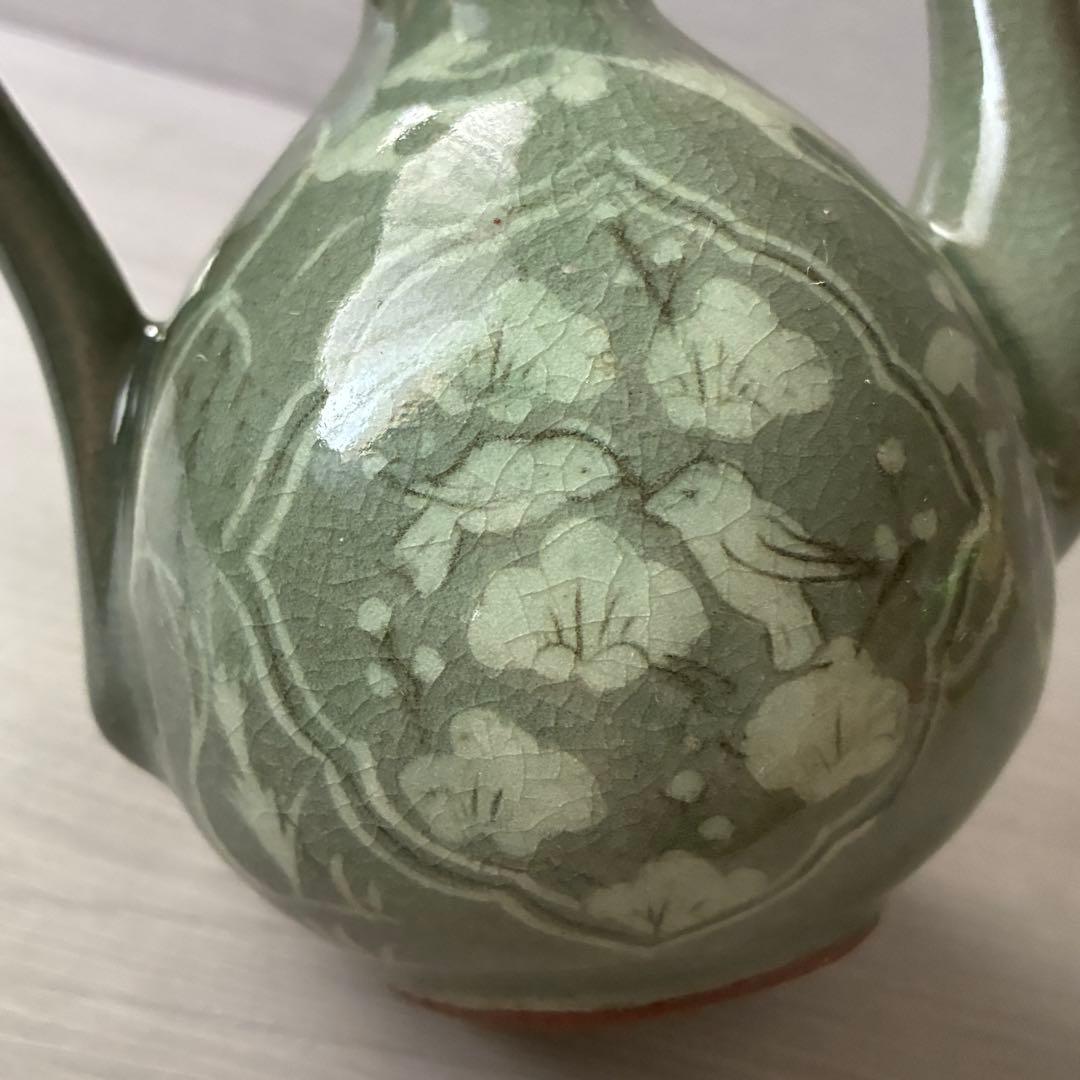 青磁象嵌瓢形水柱　水差し 徳利　壺　梅　鶴　茶道具　雲鶴文