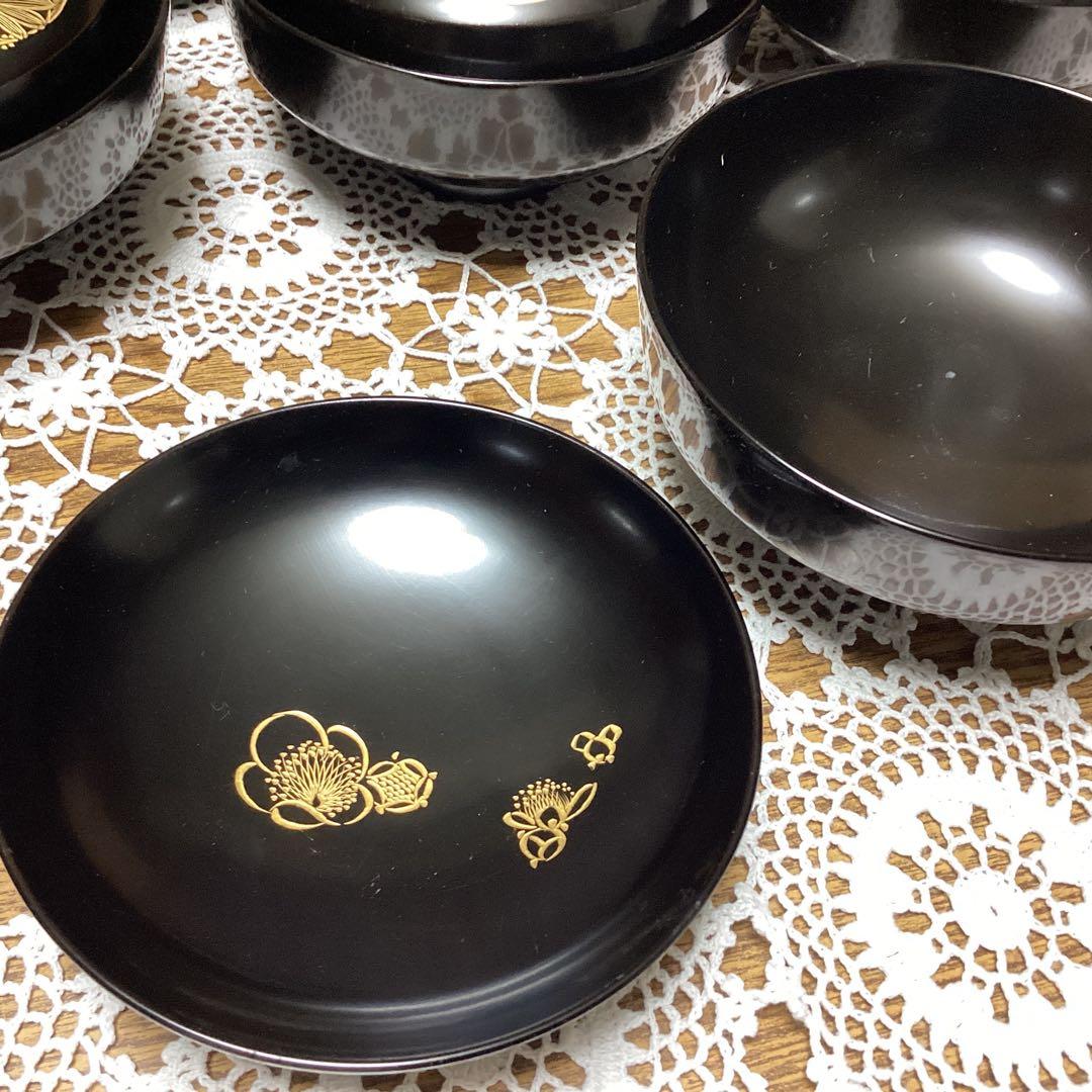 k2f16 黒色漆器 吸物椀 10客　金色花模様　四君子　年代物