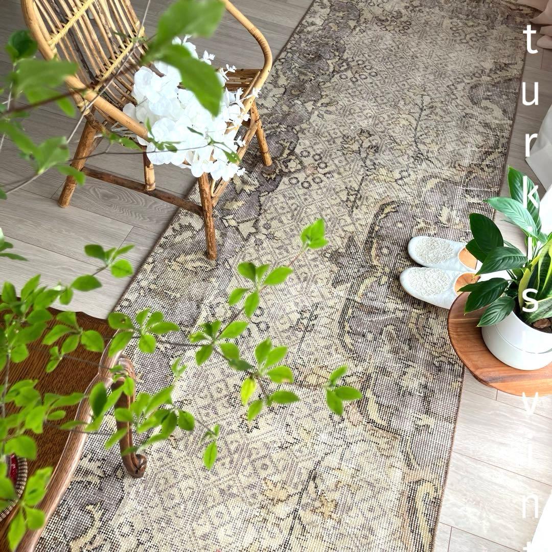 3m超ロング／76×297 グレー　メダリオンランナー　トルコヴィンテージラグ