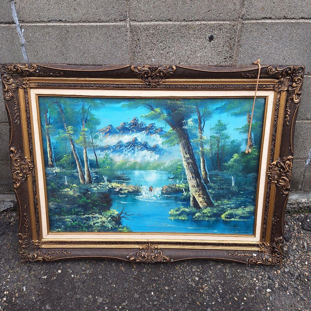 絵画　油絵　120cm×80cm　ヴィンテージ　レトロ　額　山、川のほとり
