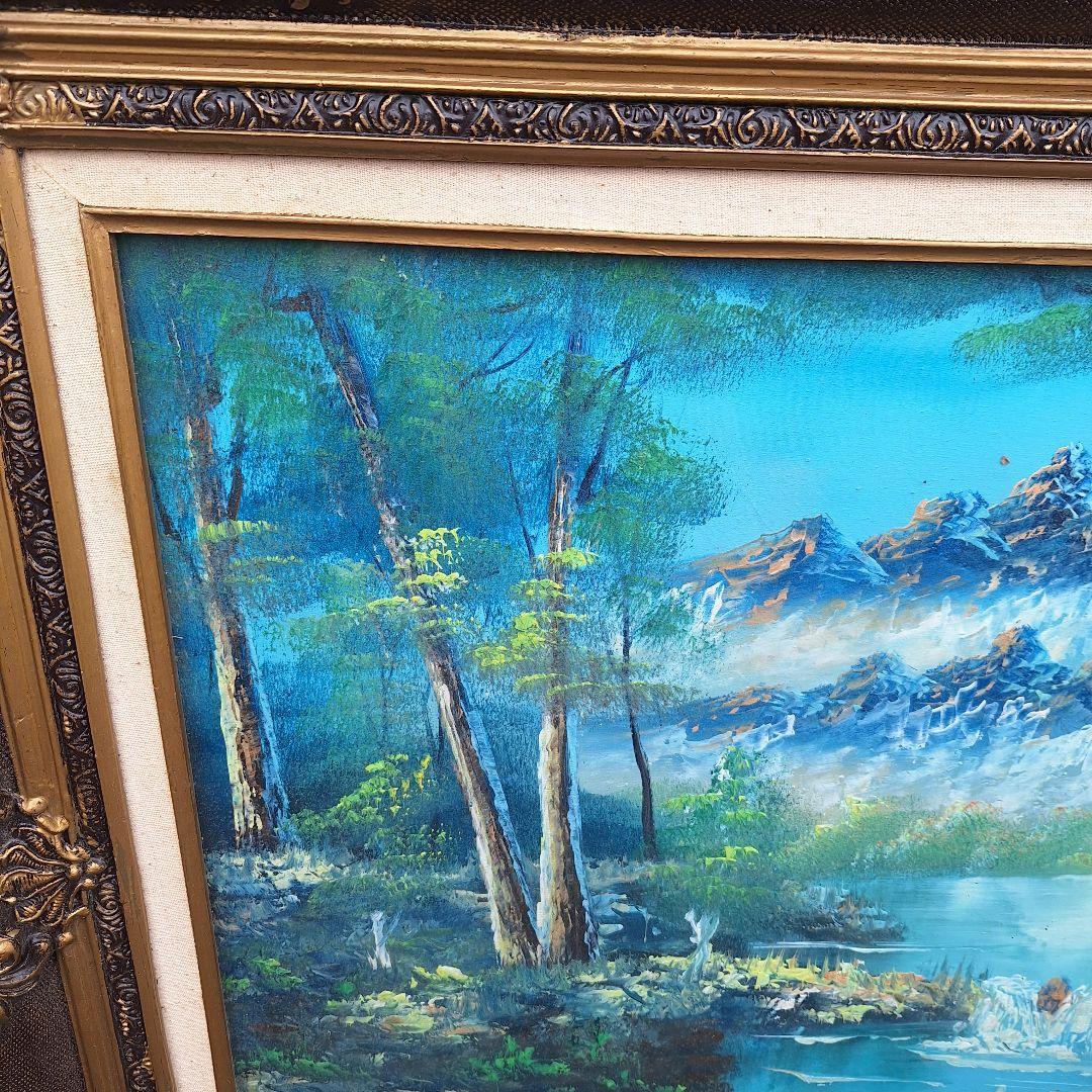 絵画　油絵　120cm×80cm　ヴィンテージ　レトロ　額　山、川のほとり