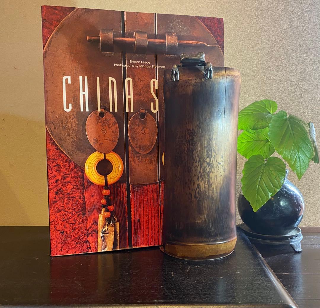 ヴィンテージ　錫製カエル付・ペア　　バンブーブックスタンド　レア