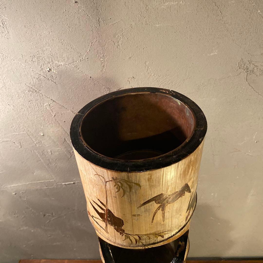 骨董品 時代物 華道具 竹 根付き花入 花器 銅おとし 蒔絵 ペイント