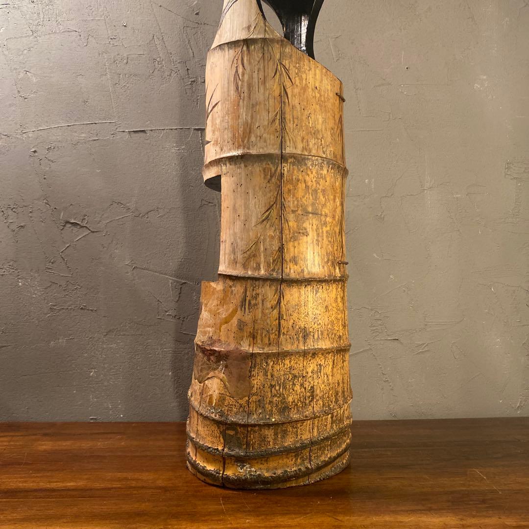 骨董品 時代物 華道具 竹 根付き花入 花器 銅おとし 蒔絵 ペイント