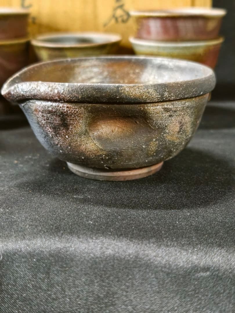 煎茶道具 備前焼窯変宝瓶急須 湯冷まし 湯呑み 共箱 東山作 火襷 胡麻 未使用