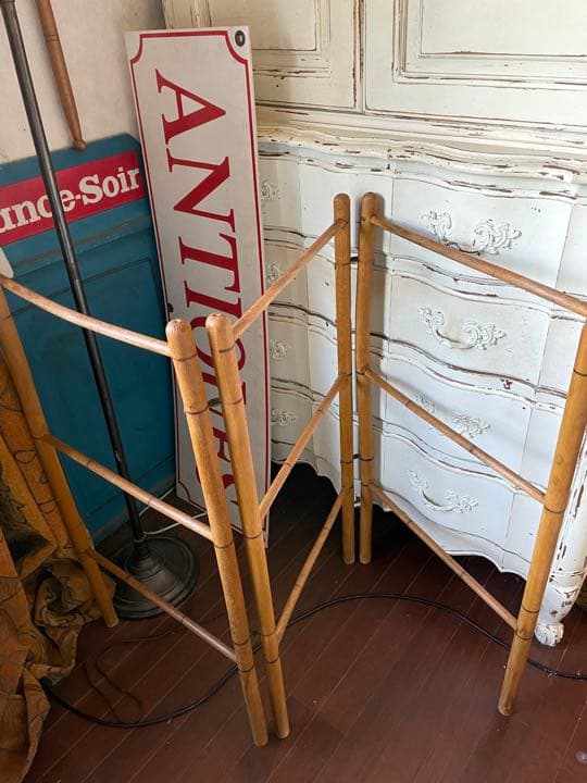 フランス　アンティーク　クロス　タオルバー　ラック　木製　折りたたみ　間仕切り