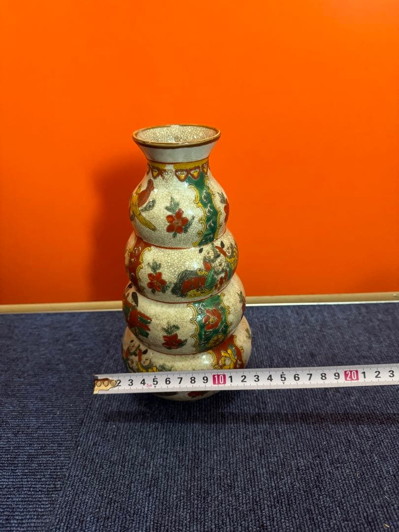 1597 中国骨董　瓢箪型色絵花鳥人物　花瓶