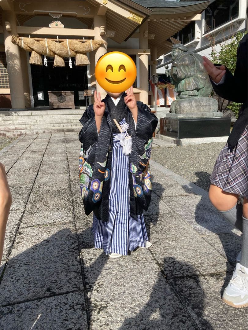 七五三用伝統和装 黒と青のストライプ　5歳