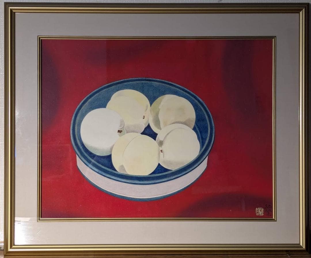 【真作】絵画　森緑翠　日本画10号　桃果　果実静物画　箱・黄袋入　Z17