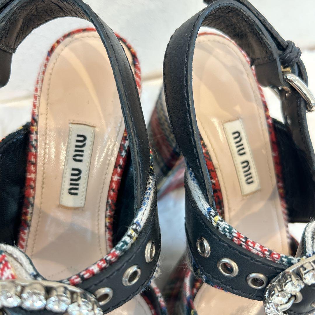 美品　miu miu ミュウミュウ 厚底 サンダル ビジュー チェック柄 36