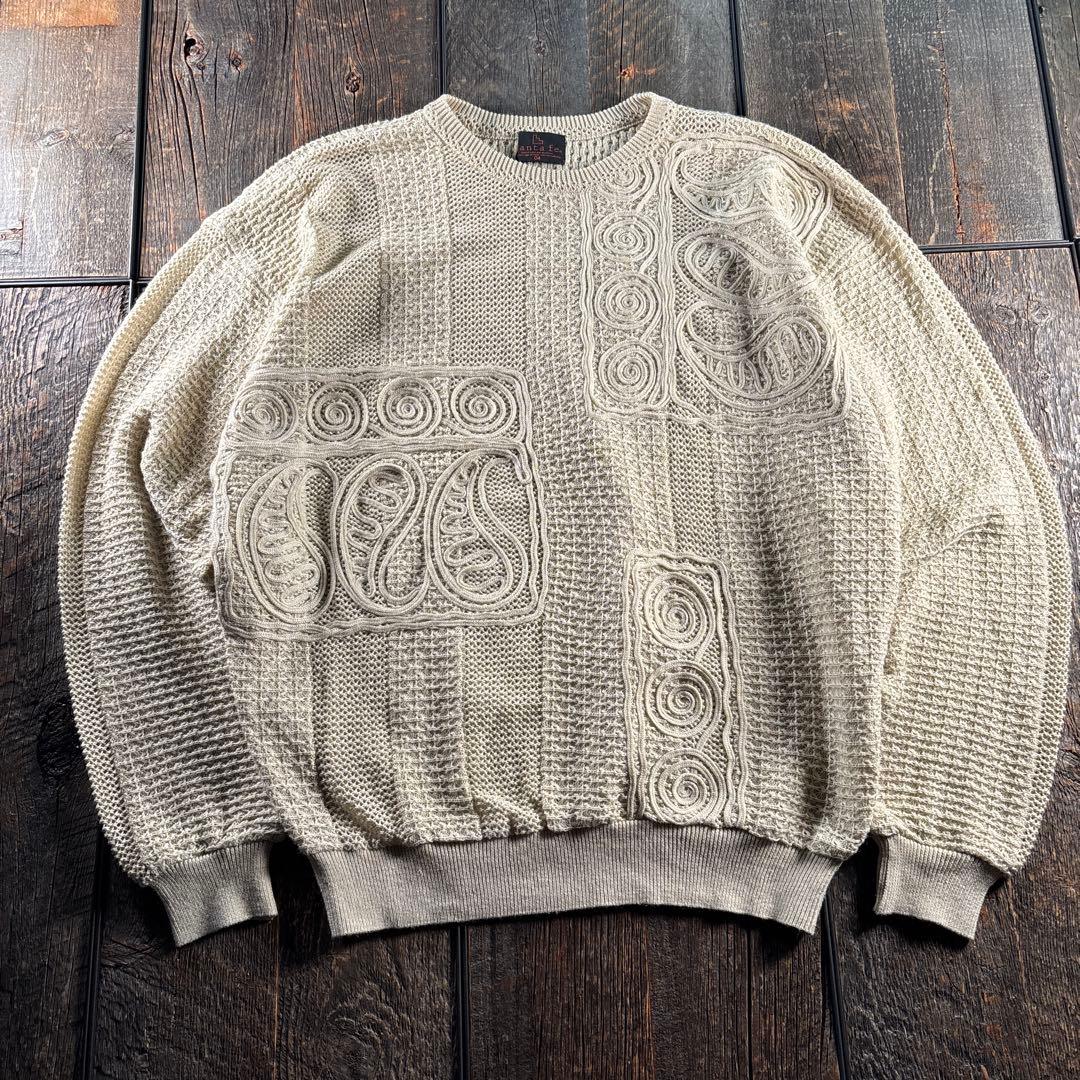 古着　サンタフェ　3Dニットアイボリー　ペイズリー　XL シアニット　リネン混.