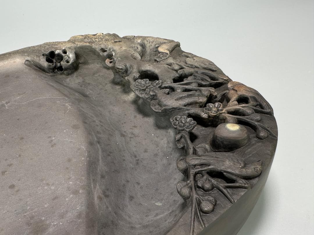 中国美術　書道具　文房具　硯　梅花鳥文端渓硯　唐物　古物　時代物　大振