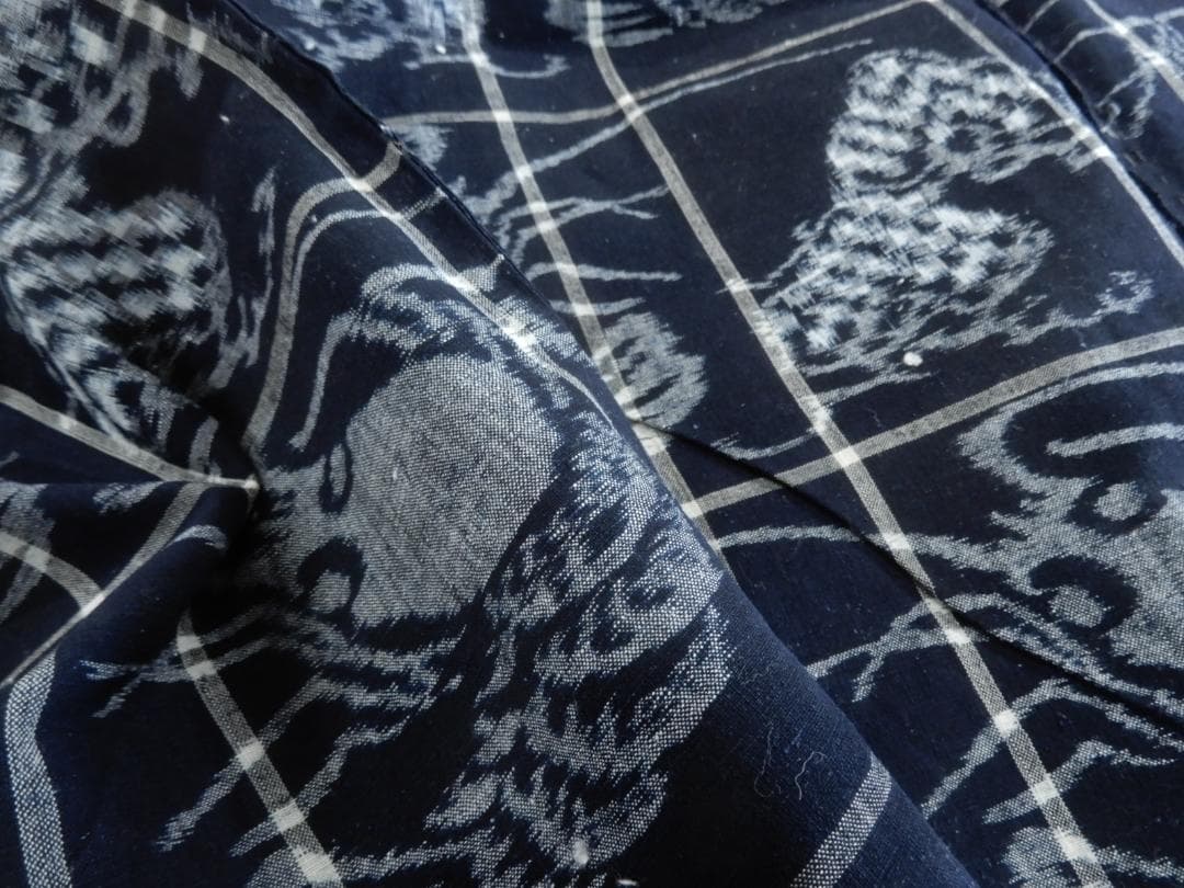 木綿・明治期・松に海老・山陰絣・4巾・たてよこ絣織・手織藍染品