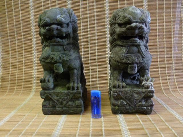時代　石像　狛犬　一対　石彫　彫刻　縁起物　骨董　1尺　苔