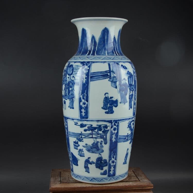 大清康熙青花窓人物紋花瓶 景徳鎮 陶磁器 装飾品 現代工芸品 美術品 置物