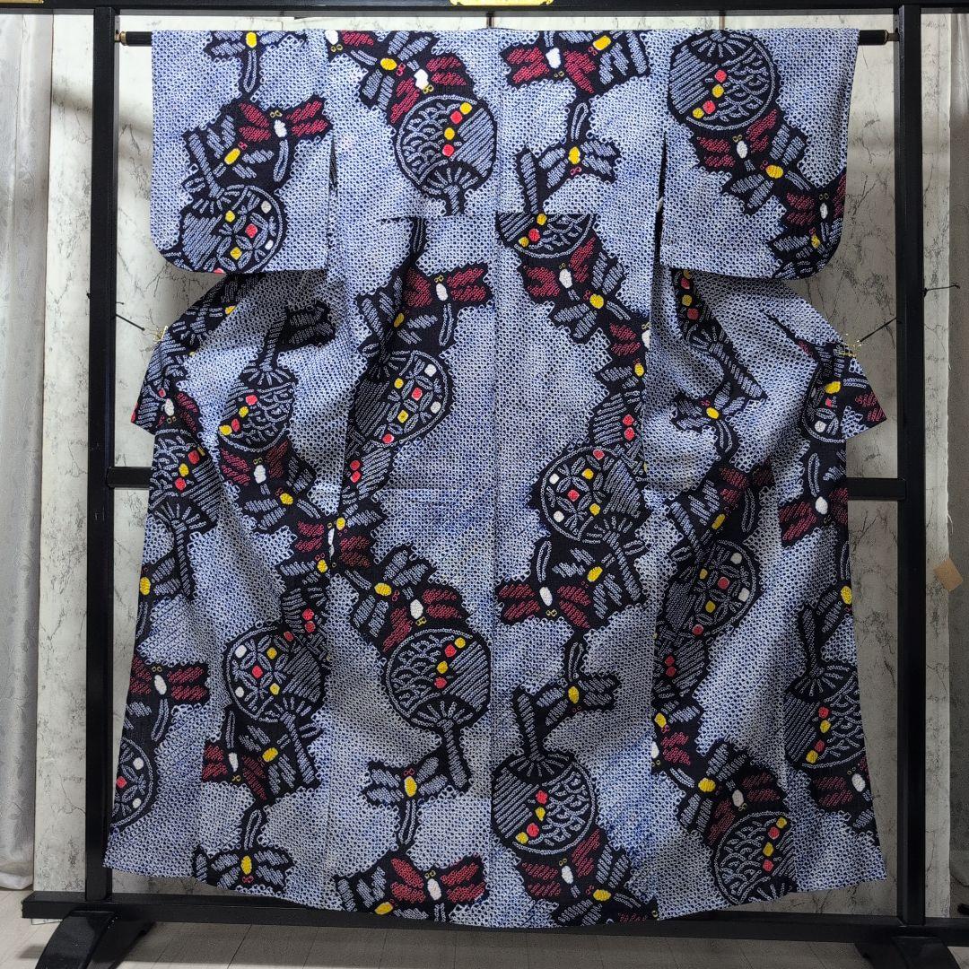 【有松絞り】赤とんぼ、うちわ柄、帯めだか♡ 居敷き当て、肩当て有り