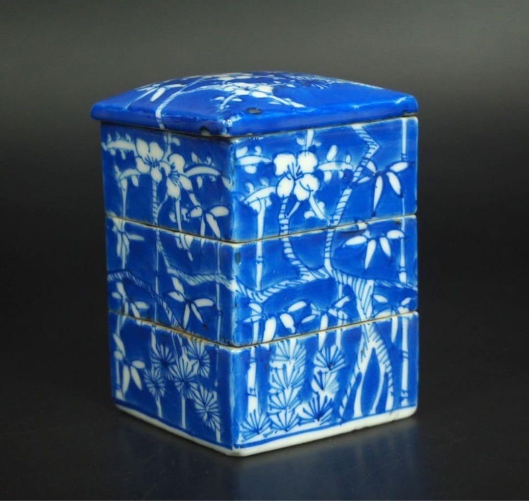 送料無料　江戸中期 　青華松竹梅図三重箱　ｈ９×６×6ｃｍ　★大珍品★