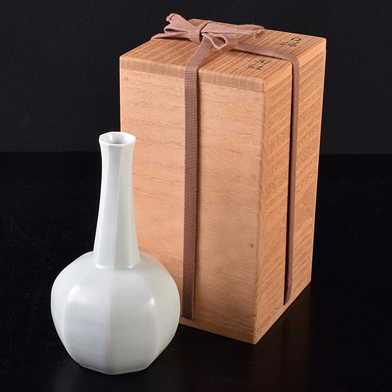 京焼　竹中浩作　白磁　面取瓶　共箱　C　R8758