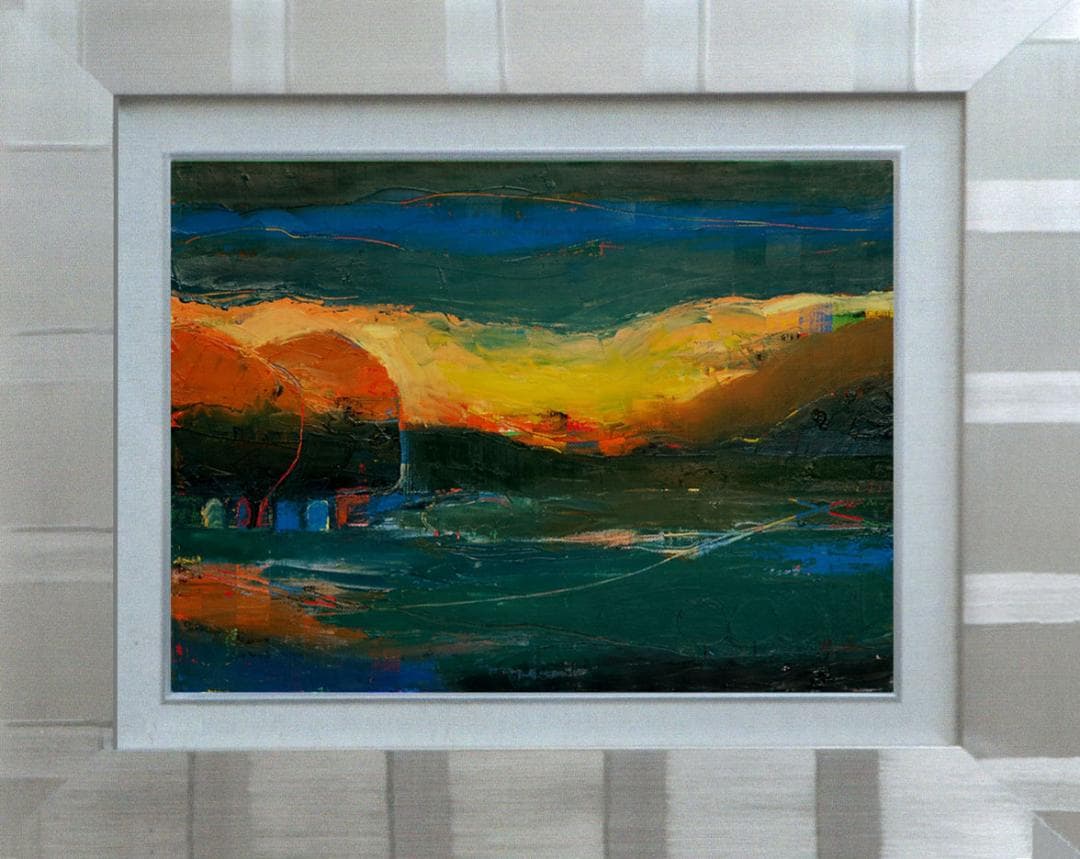 油絵 菅家令子 絵 絵画インテリア額付(銀) F4-072212 風景 夕陽朝陽