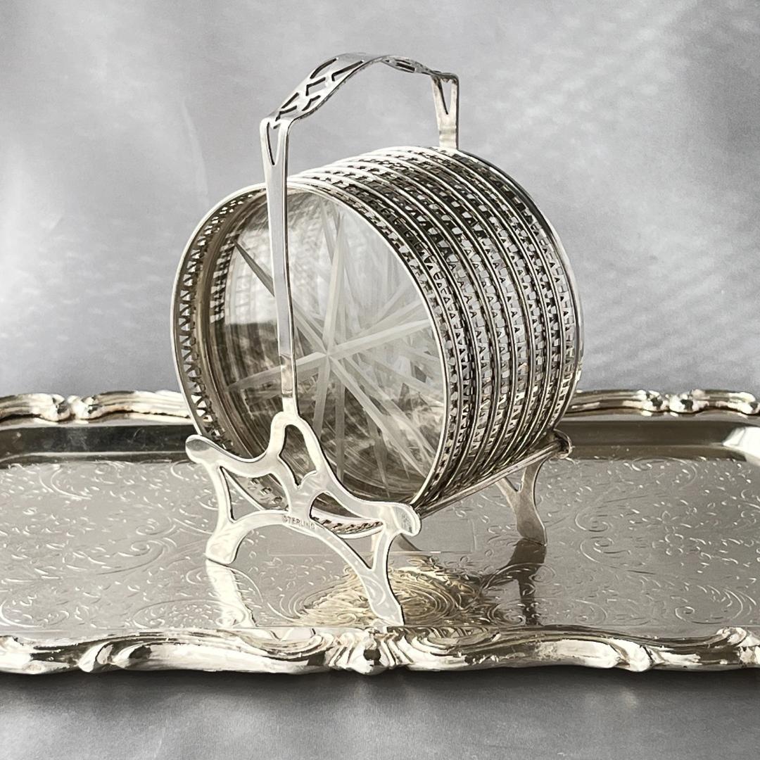 【純銀/ガラス】ワイングラスコースター 8枚 / ホルダー スターリング