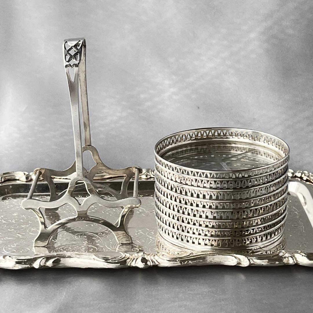 【純銀/ガラス】ワイングラスコースター 8枚 / ホルダー スターリング