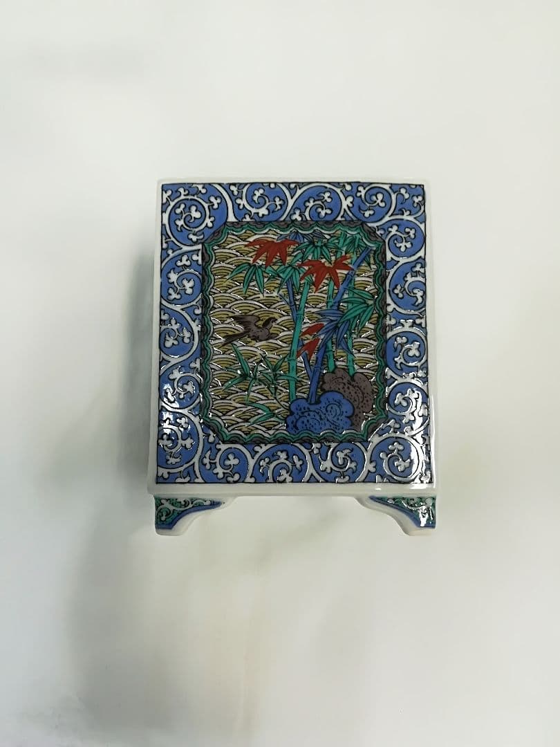 九谷焼 香籠 九谷 花鳥唐草 角香炉 白雅作 新品未使用 レア アンティーク