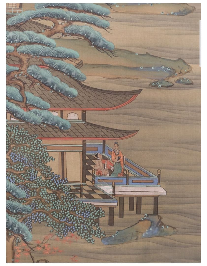 土佐光起 真筆 慶應三年以降の作 絹本 着色楼閣山水図 双幅 徳川家葵御紋表