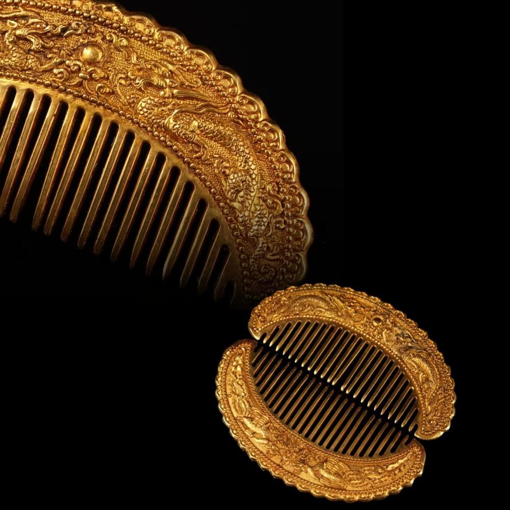 中国古美術 金メッキ ヘアコームセット 純銅製 極細工 高浮彫鏨刻 古銅器 置物