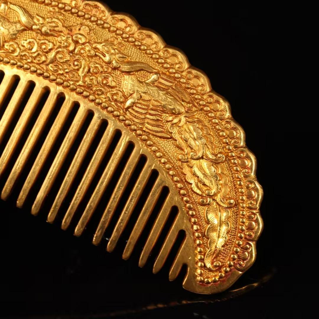 中国古美術 金メッキ ヘアコームセット 純銅製 極細工 高浮彫鏨刻 古銅器 置物
