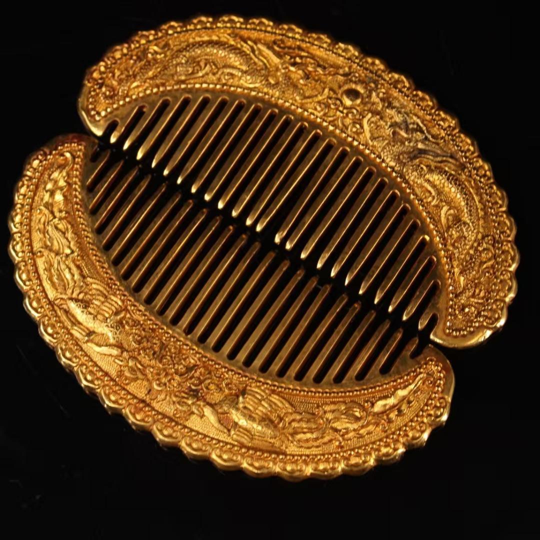 中国古美術 金メッキ ヘアコームセット 純銅製 極細工 高浮彫鏨刻 古銅器 置物