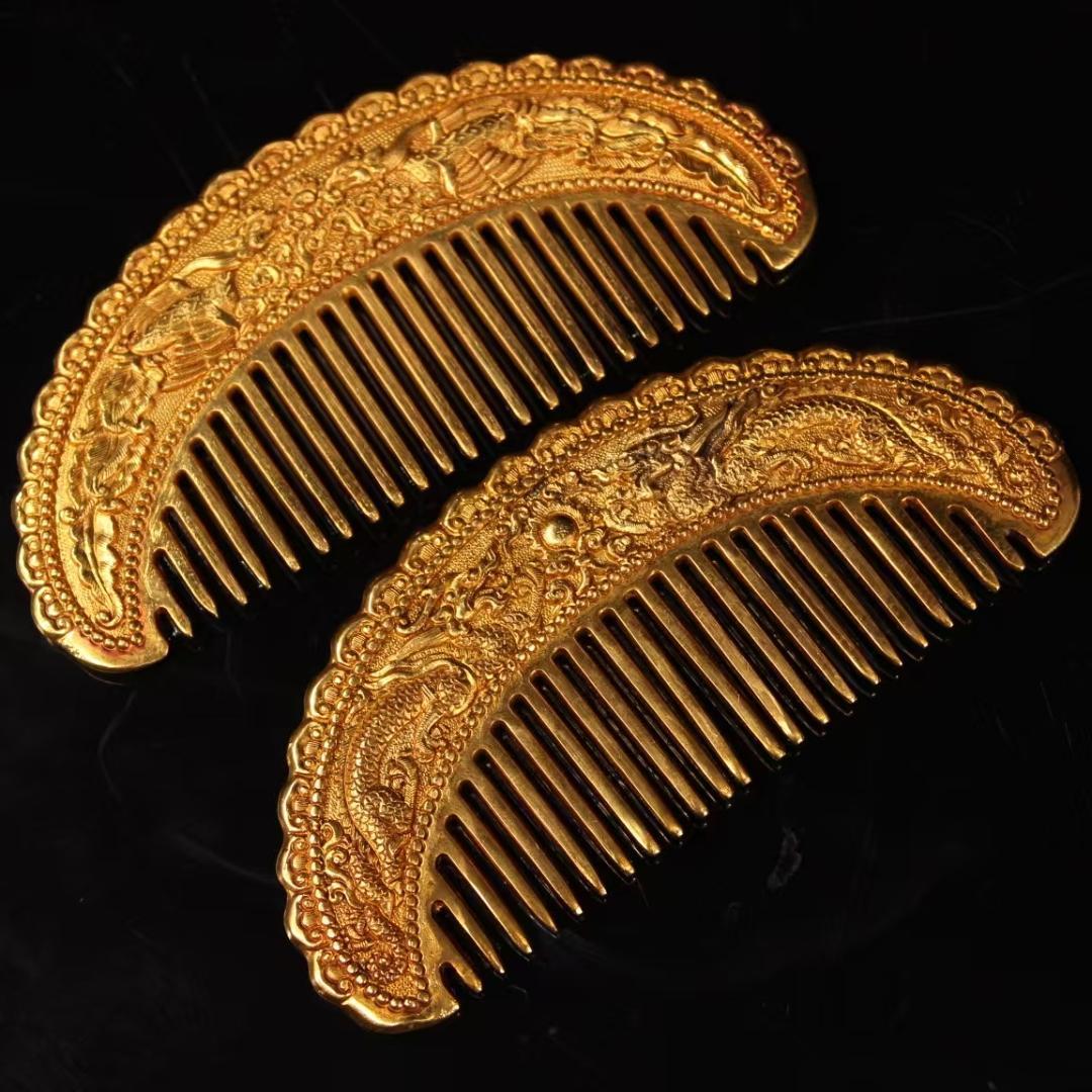 中国古美術 金メッキ ヘアコームセット 純銅製 極細工 高浮彫鏨刻 古銅器 置物