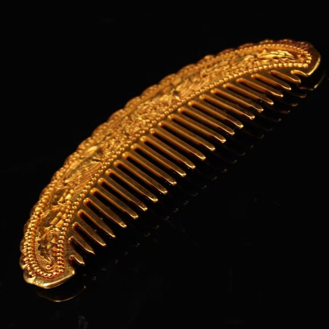 中国古美術 金メッキ ヘアコームセット 純銅製 極細工 高浮彫鏨刻 古銅器 置物