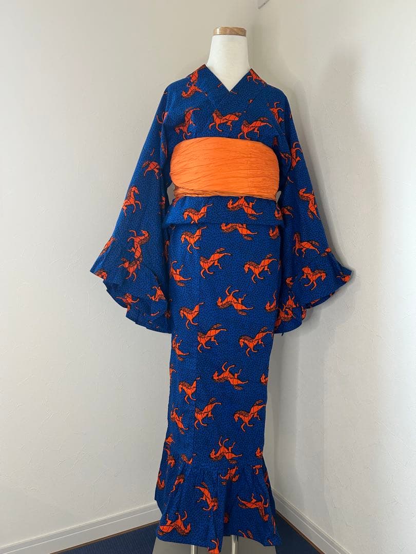 アフリカ布 浴衣 レディース フリル 着物 ハンドメイド 1点もの 馬柄 青