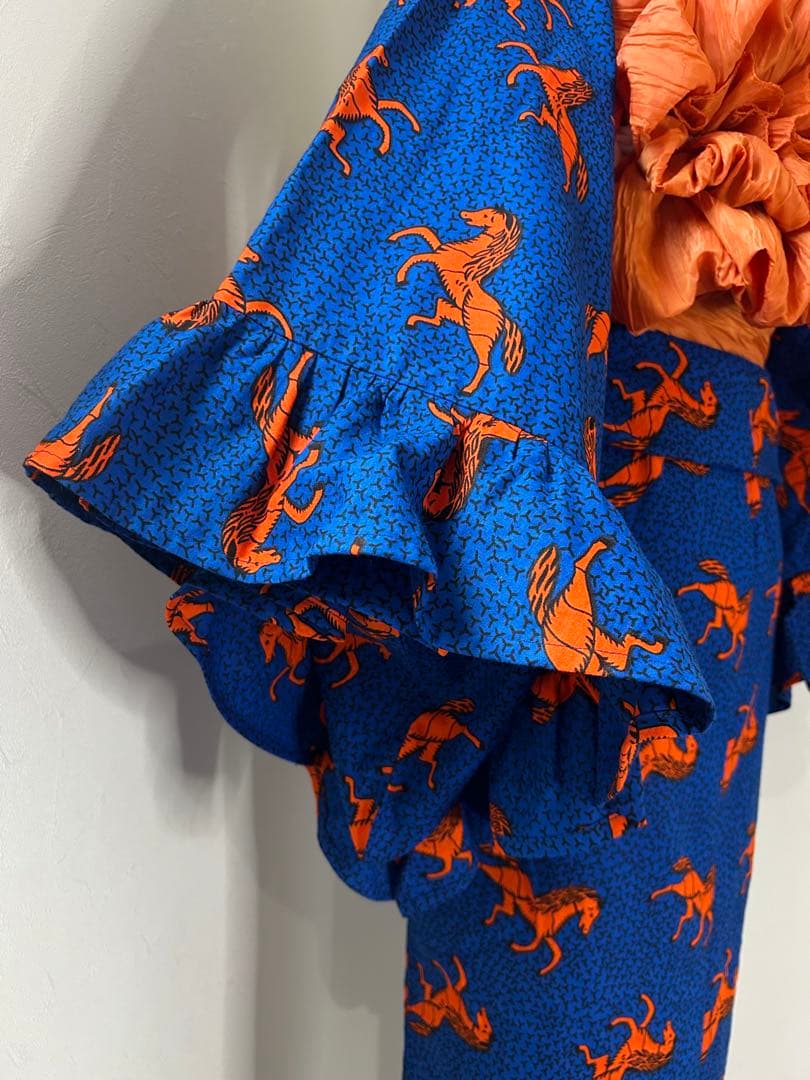 アフリカ布 浴衣 レディース フリル 着物 ハンドメイド 1点もの 馬柄 青