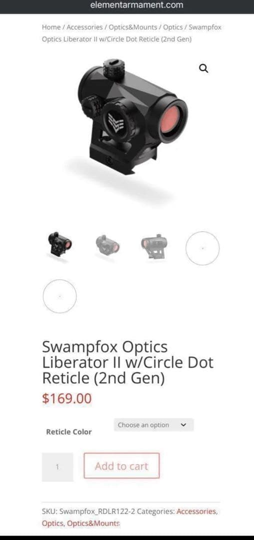 実物Swampfox Liberator II Mini ドットサイト スコープ