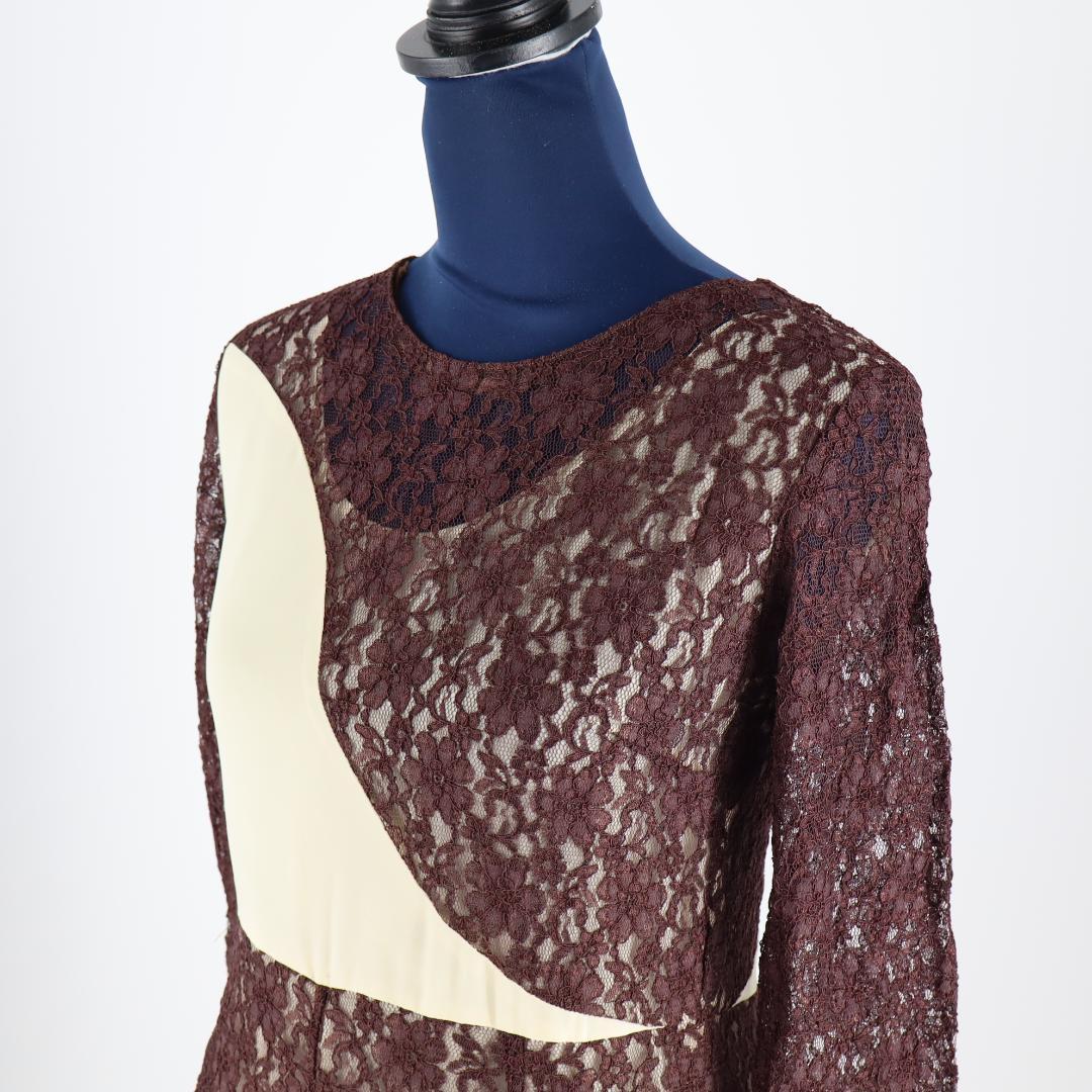 【美品 社交ダンス衣装】ブラウンレース地×クリーム ラテンドレス ストレッチ有