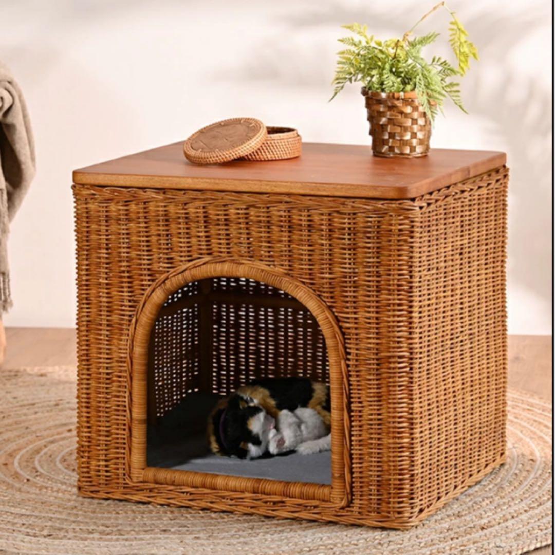 ラタン　ペットハウス クッション付き　籐製サイドテーブル